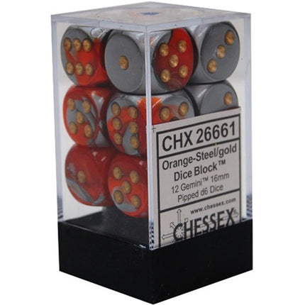 26661 Gemini Set 12 D6 16mm Orange - Steel w/gold