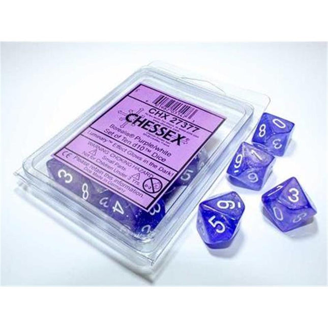 27377 Borealis Purple/white Luminary Set of Ten d10s