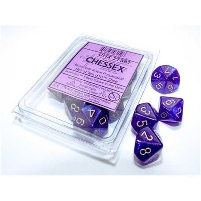 27387 Borealis Royal Purple/gold Luminary Set of Ten d10s