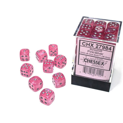 27984 Set 36 Dadi D6 (12mm) Borealis Pink/silver Luminary