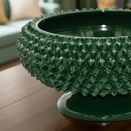 Alzata a Pigna di Caltagirone modellata a mano Verde Antico