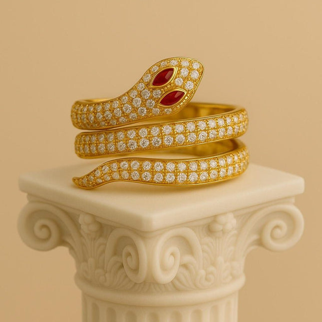 Anello avvolgente con serpente placcato oro – Occhio rosso, verde o nero