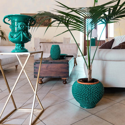 Cachepot a pigna Verde Smeraldo in ceramica artigianale di Caltagirone