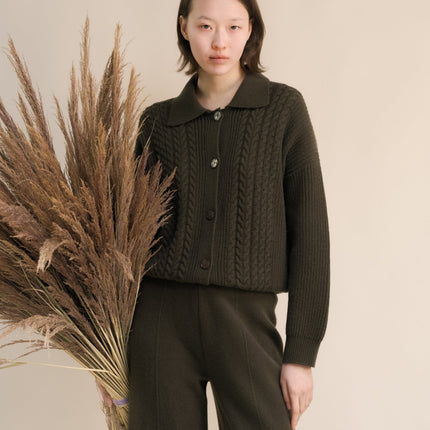 Cashmere Mix Cable Polo Cardigan