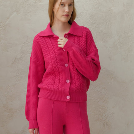 Cashmere Mix Cable Polo Cardigan