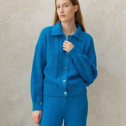 Cashmere Mix Cable Polo Cardigan