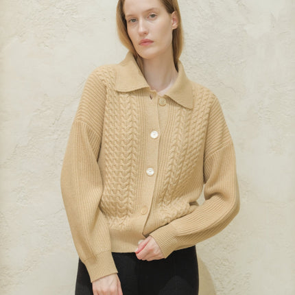 Cashmere Mix Cable Polo Cardigan