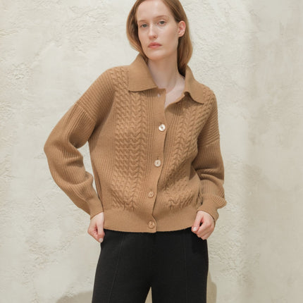 Cashmere Mix Cable Polo Cardigan