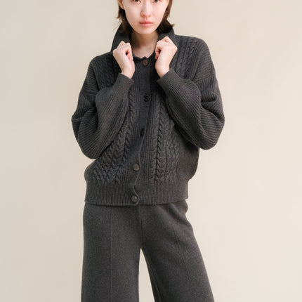 Cashmere Mix Cable Polo Cardigan