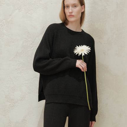 Cashmere Mix Crewneck Ribbed Sweater with Lateral Slits