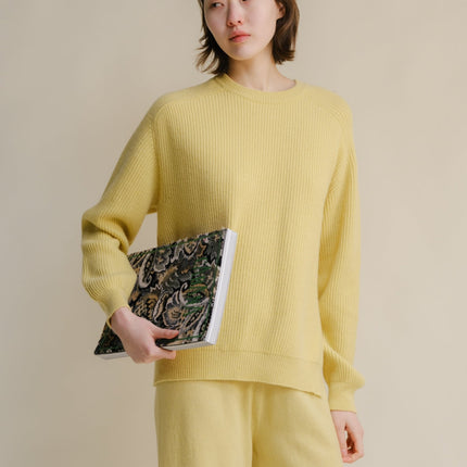 Cashmere Mix Crewneck Ribbed Sweater with Lateral Slits