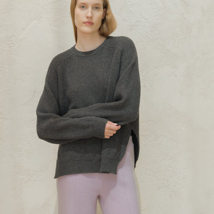 Cashmere Mix Crewneck Ribbed Sweater with Lateral Slits