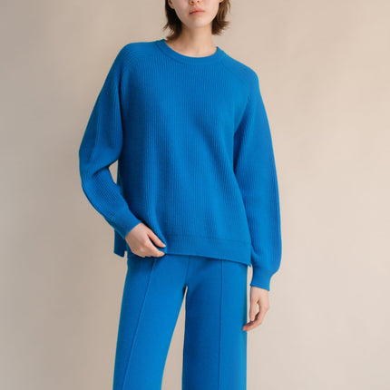 Cashmere Mix Crewneck Ribbed Sweater with Lateral Slits