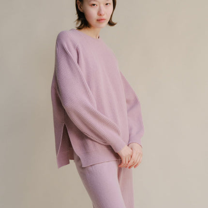 Cashmere Mix Crewneck Ribbed Sweater with Lateral Slits