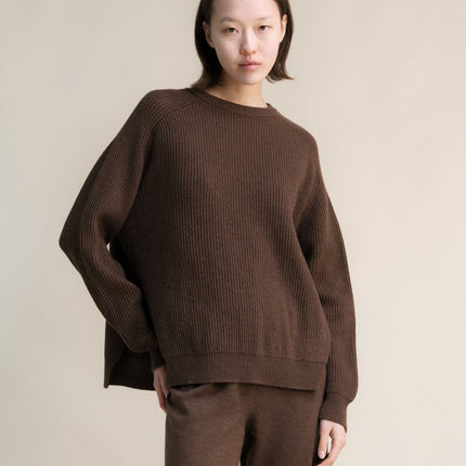 Cashmere Mix Crewneck Ribbed Sweater with Lateral Slits