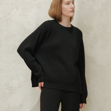 Cashmere Mix Crewneck Ribbed Sweater with Lateral Slits
