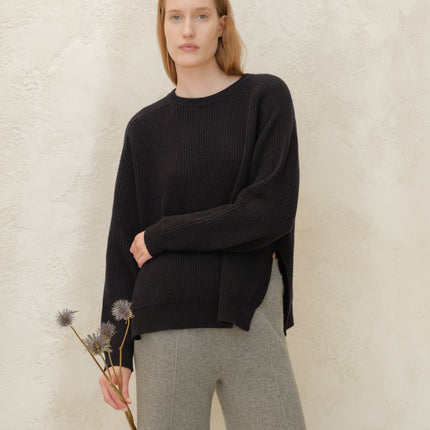 Cashmere Mix Crewneck Ribbed Sweater with Lateral Slits