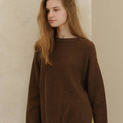 Cashmere Mix Crewneck Ribbed Sweater with Lateral Slits