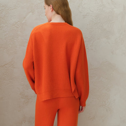 Cashmere Mix Crewneck Ribbed Sweater with Lateral Slits