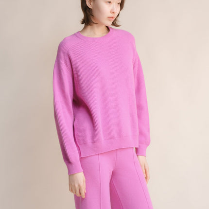Cashmere Mix Crewneck Ribbed Sweater with Lateral Slits