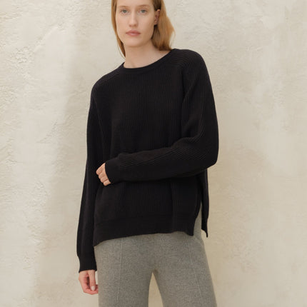 Cashmere Mix Crewneck Ribbed Sweater with Lateral Slits