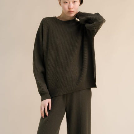 Cashmere Mix Crewneck Ribbed Sweater with Lateral Slits