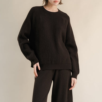 Cashmere Mix Crewneck Ribbed Sweater with Lateral Slits