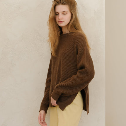 Cashmere Mix Crewneck Ribbed Sweater with Lateral Slits