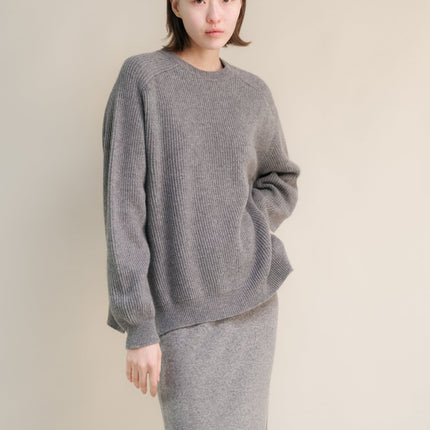 Cashmere Mix Crewneck Ribbed Sweater with Lateral Slits