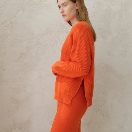 Cashmere Mix Crewneck Ribbed Sweater with Lateral Slits