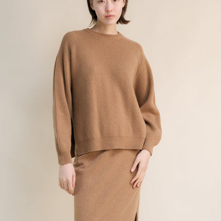 Cashmere Mix Crewneck Ribbed Sweater with Lateral Slits
