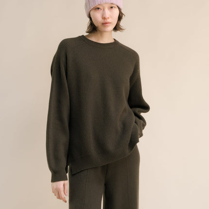 Cashmere Mix Crewneck Ribbed Sweater with Lateral Slits
