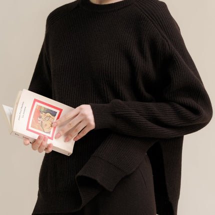 Cashmere Mix Crewneck Ribbed Sweater with Lateral Slits