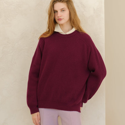 Cashmere Mix Crewneck Ribbed Sweater with Lateral Slits