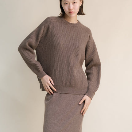 Cashmere Mix Crewneck Ribbed Sweater with Lateral Slits