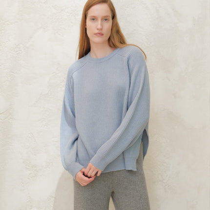 Cashmere Mix Crewneck Ribbed Sweater with Lateral Slits