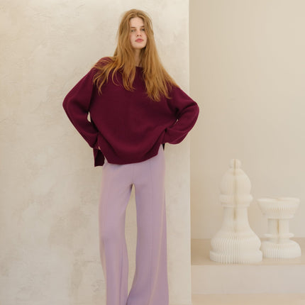 Cashmere Mix Crewneck Ribbed Sweater with Lateral Slits