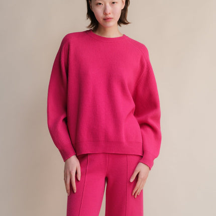 Cashmere Mix Crewneck Ribbed Sweater with Lateral Slits