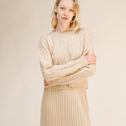 Cashmere Mix Cropped Cable Crewneck Sweater