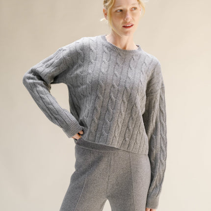 Cashmere Mix Cropped Cable Crewneck Sweater
