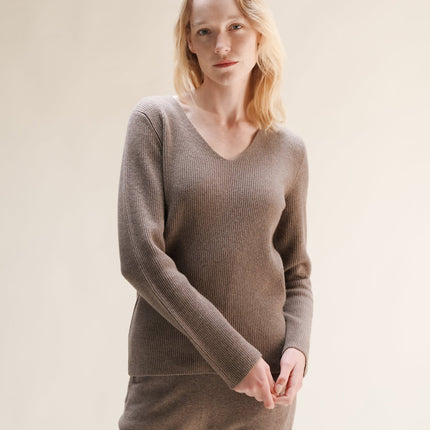 Cashmere Mix Full Ribbed V - Neck