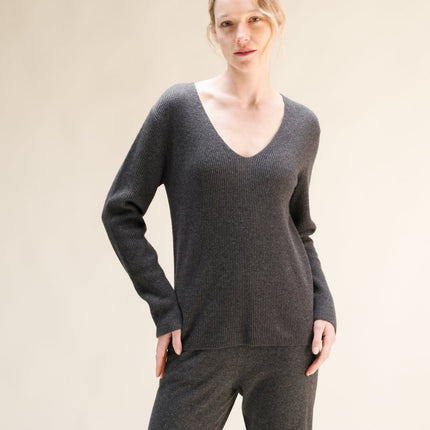 Cashmere Mix Full Ribbed V - Neck