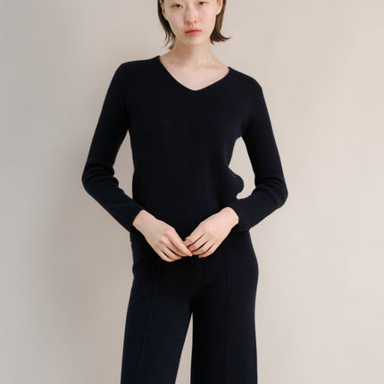 Cashmere Mix Full Ribbed V - Neck