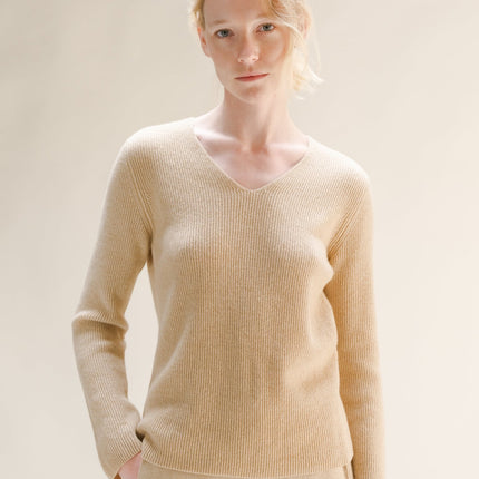 Cashmere Mix Full Ribbed V - Neck