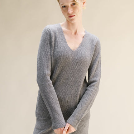 Cashmere Mix Full Ribbed V - Neck