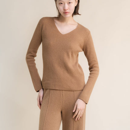 Cashmere Mix Full Ribbed V - Neck
