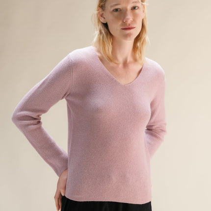 Cashmere Mix Full Ribbed V - Neck