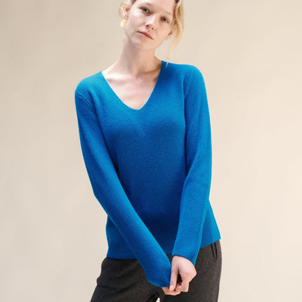 Cashmere Mix Full Ribbed V - Neck