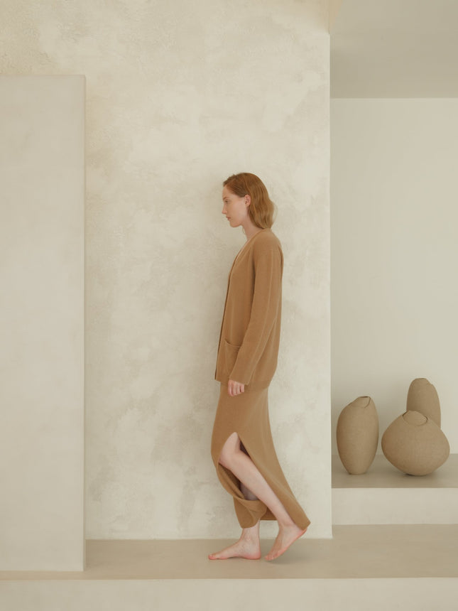 Cashmere Mix High - Waist Long Skirt With Side Slit (3D - knit)