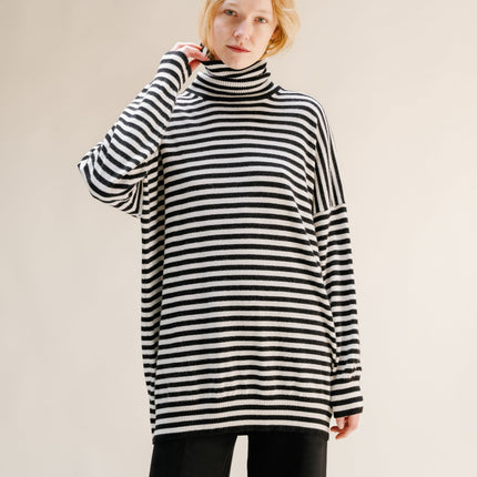 Cashmere Mix Oversized Striped Turtleneck Sweater